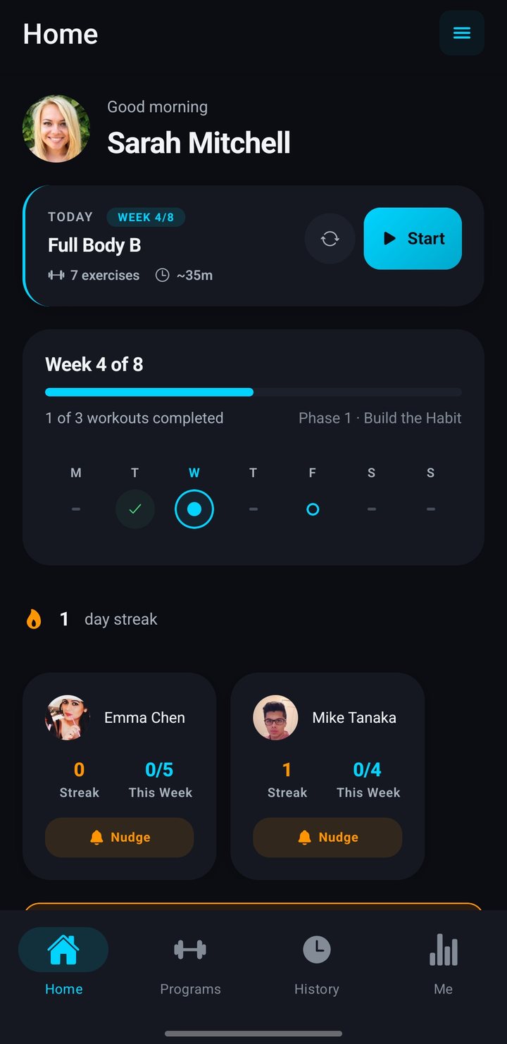 FitFor home screen: today's Full Body B session in week 4 of 8, about 35 minutes, with one of three workouts done this week and two training buddies