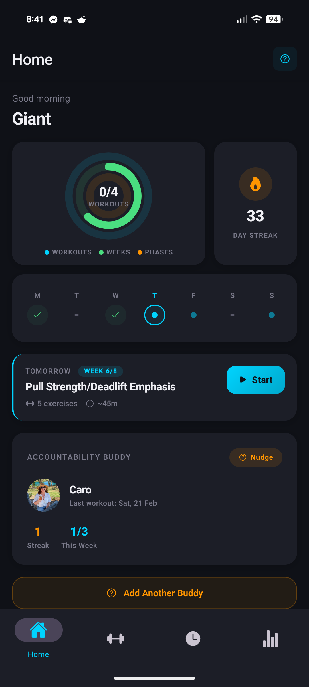 FitFor app showing a personalised weekly workout program with progress tracking