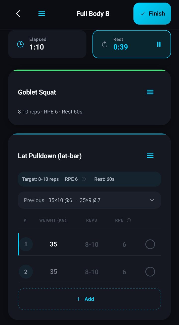FitFor workout screen: Lat Pulldown with last session's sets shown as Previous, 35 kg pre-filled for each set, an RPE 6 target and a running rest timer